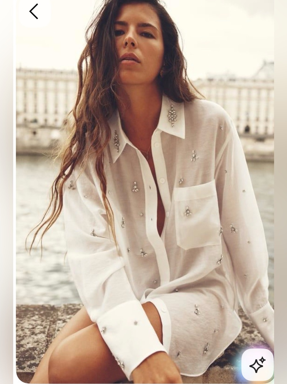 Zara rhinestones oversized button down sheer shirt white sz S glam